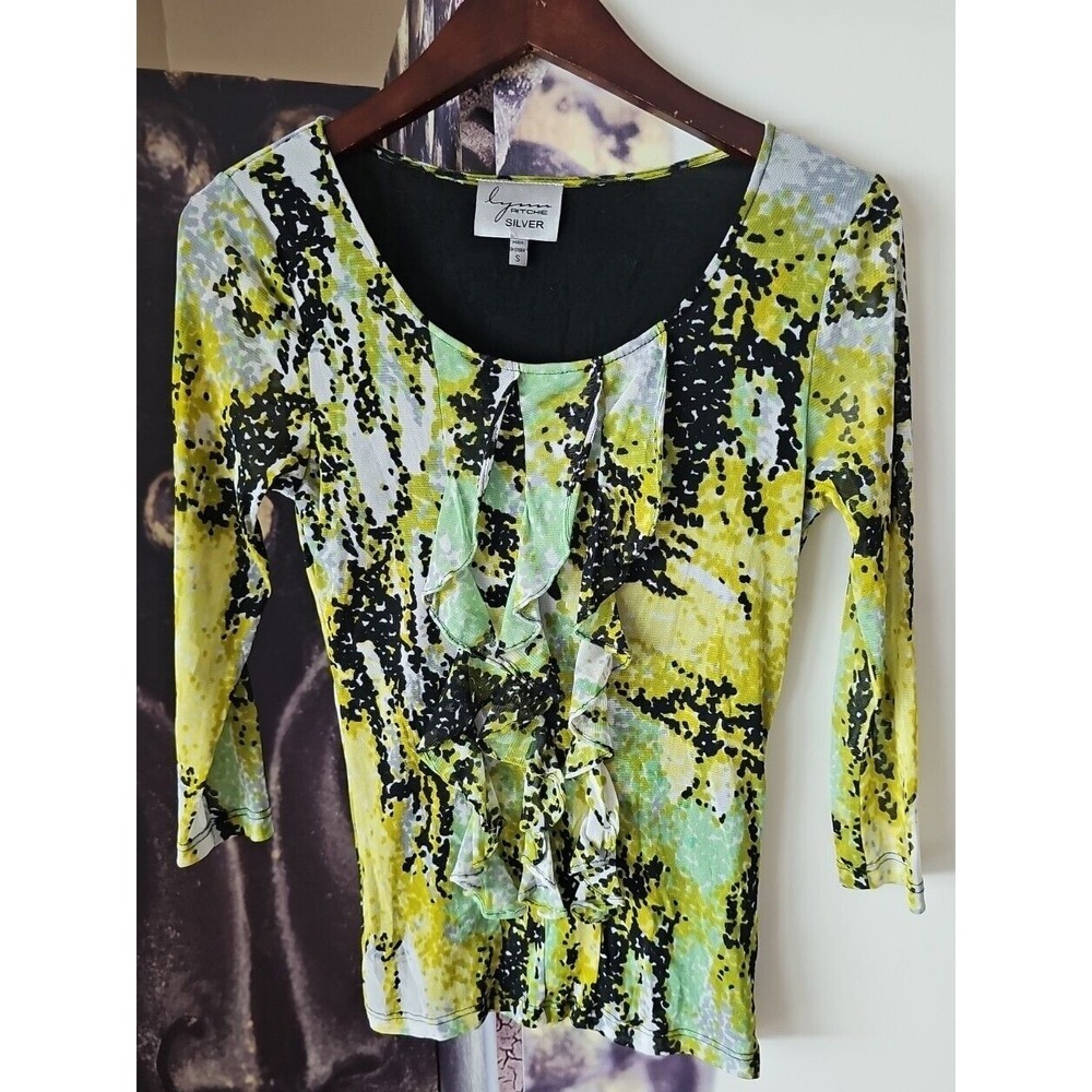 LYNN RITCHIE SILVER Ruffle Front Multicolor Patterned 3/4 Length Sleeve Top S - Picture 1 of 8